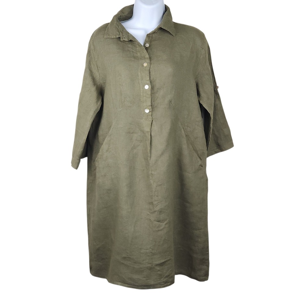 Elena Baldi Linen Shirt Dress M Olive Green Made in Italy Lagenlook Midi Pocket